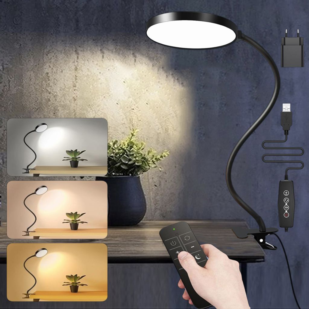 LED Klemmleuchte Dimmbar,Schreibtischlampe 3 Lichtfarben Flexibel Lampenarm,Leselampe Timer Arbeitszimmer Schlafzimmer Büro(Φ12cm,USB,Stecker)