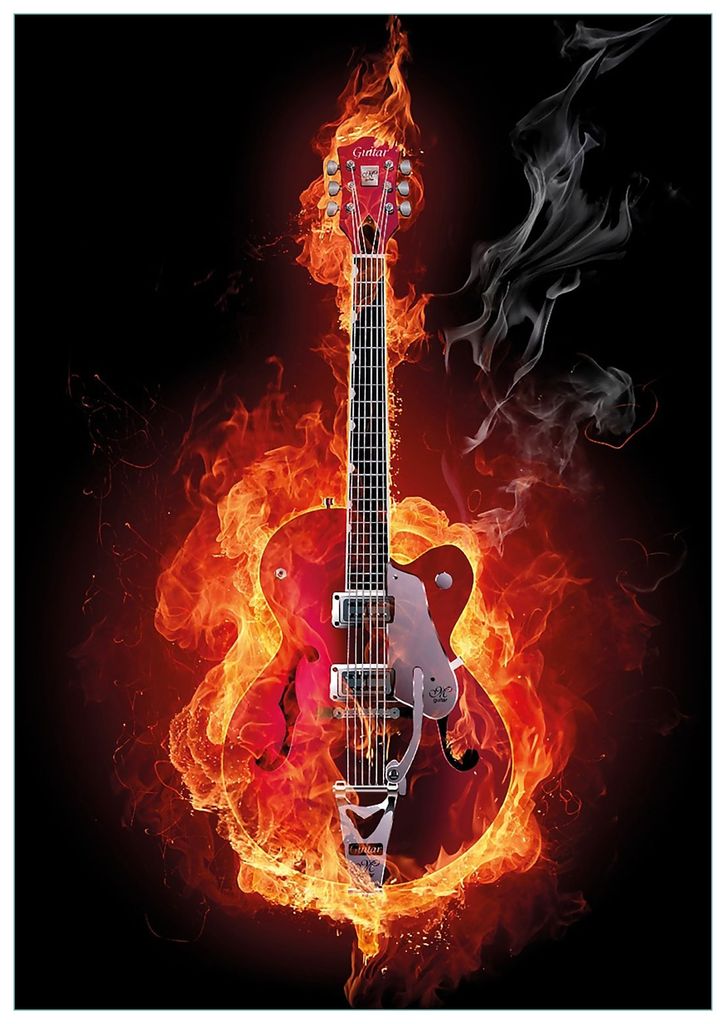 Wallario Premium Glasbild, freischwebende Optik, kräftige Farben, Größe 100 x 70 cm Motiv Brennende Gitarre
