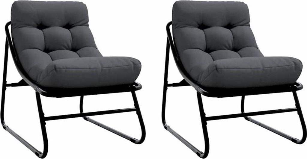 Two identical dark gray chairs with black metal frames are shown against a white background.
