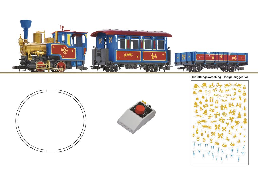 A model train set with a locomotive, passenger car, and freight cars, along with a circular track and a remote control.