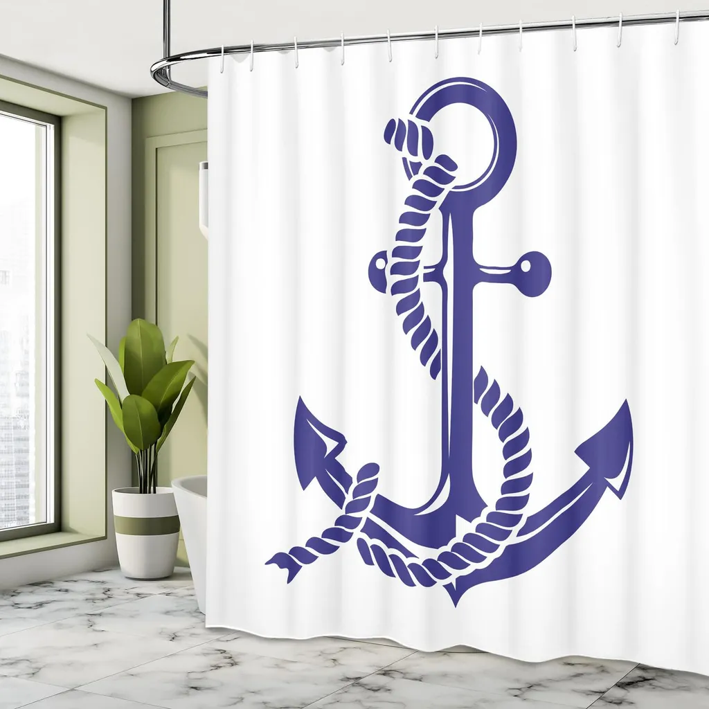 ABAKUHAUS Tenda da doccia in stile marittimo, simbolo nautico Monocromatico Disegno Corda e ancora Illustrazione Stampa, 175 x 180 cm, Lavanda scura e bianco - 3