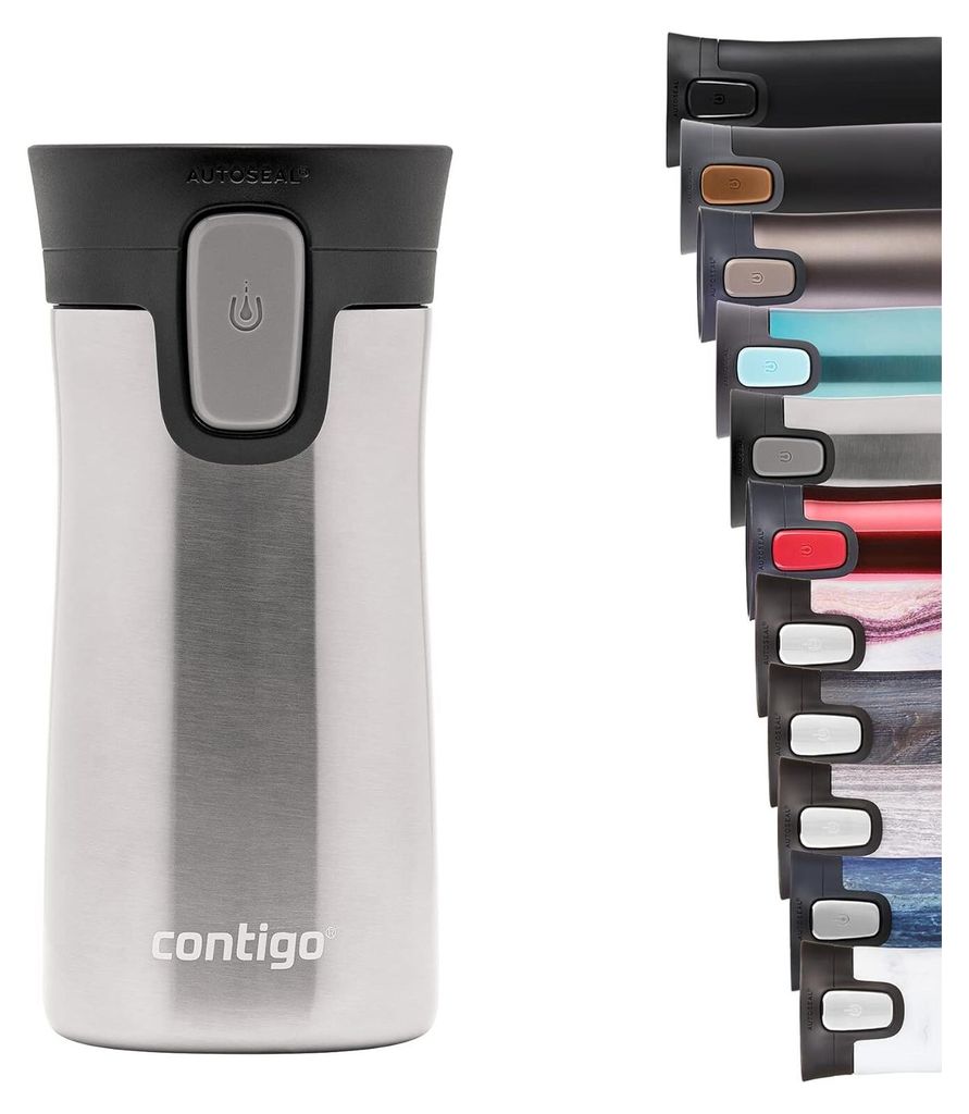 A stainless steel Contigo travel mug is shown on the left, with a row of different colored travel mugs on the right.