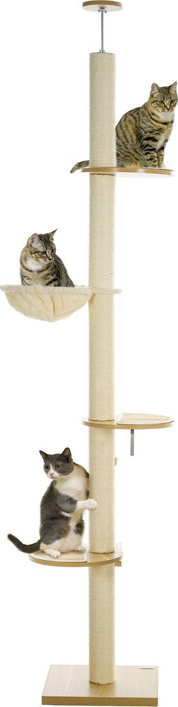 A cat tree with three cats on it, against a white background.