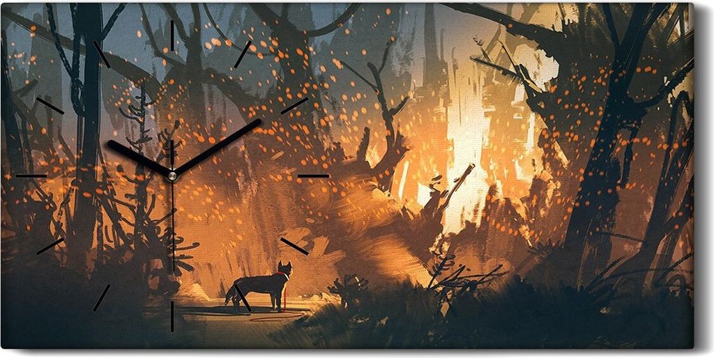 Wanduhr Bürouhr Leinwand Bild Kunstdruck 60x30 Hund im Wald mit mystischem Licht - schwarze Hände