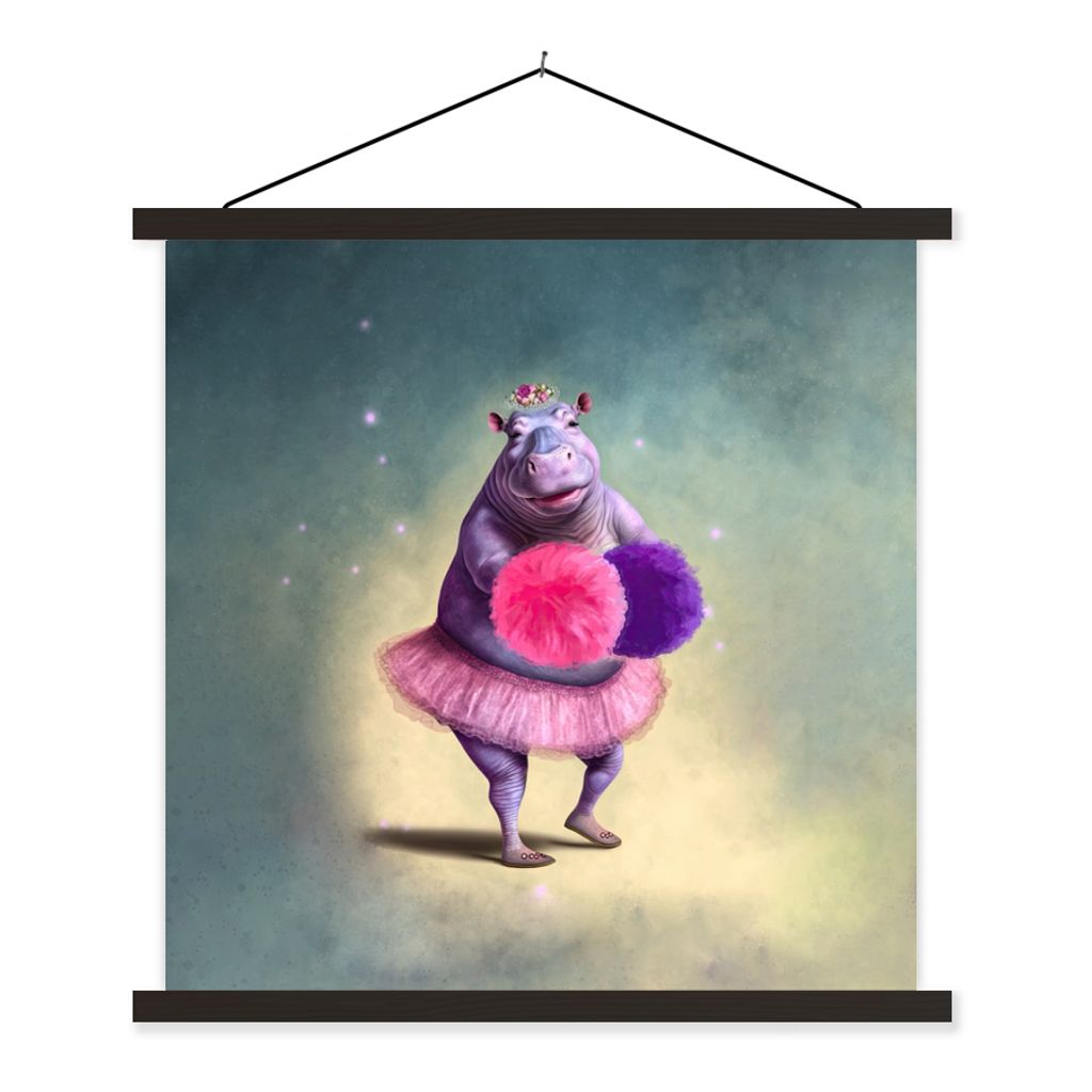 MuchoWow Textilposter Nilpferd - Blumen - Ballerina - Pompons - Porträt - Kinder 120x120 cm mit schwarzem Rahmen - Aufhängungsset