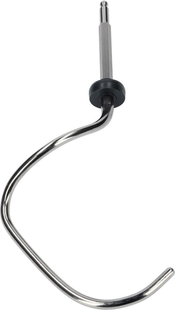 A metal dough hook attachment for a kitchen appliance, isolated on a white background.