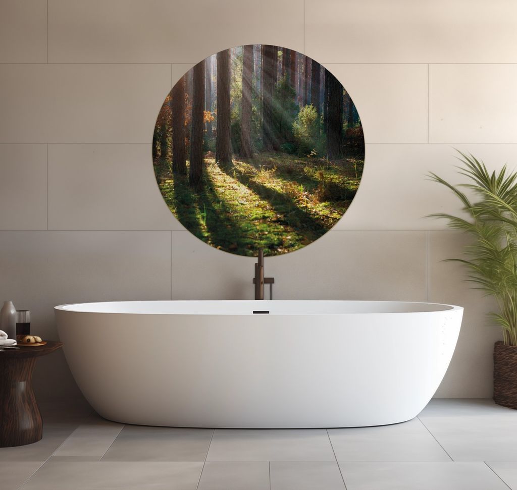 Wallario wasserfestes Poster selbstklebend 90 x 90 cm, Sonnenstrahlen im Herbstwald, Badezimmerposter Spritzschutz mit Hochglanzoberfläche in Glas...