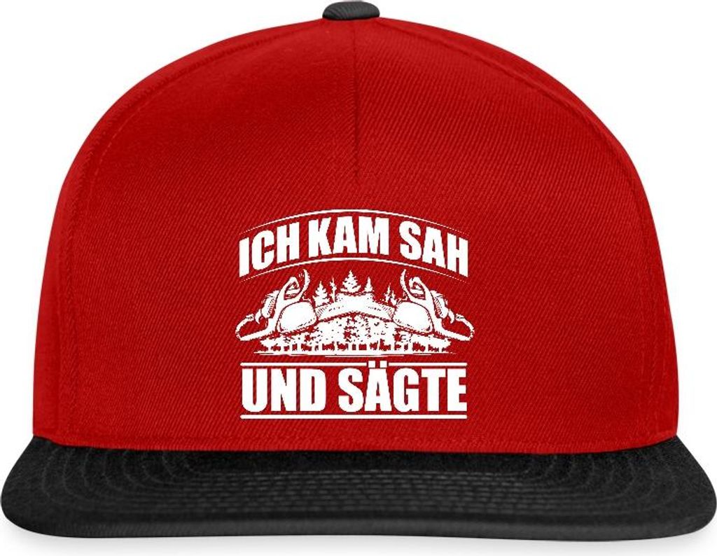 Spreadshirt Ich Kam Sah Und Sägte Holzfäller Snapback Cap, One size, Rot/Schwarz