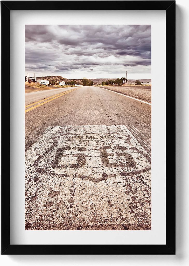 Route 66 Amerikanische Staatsstraße– Wandbild mit Rahmen – Gerahmtes Bild – Wanddekoration – 40x60 cm – Schwarz