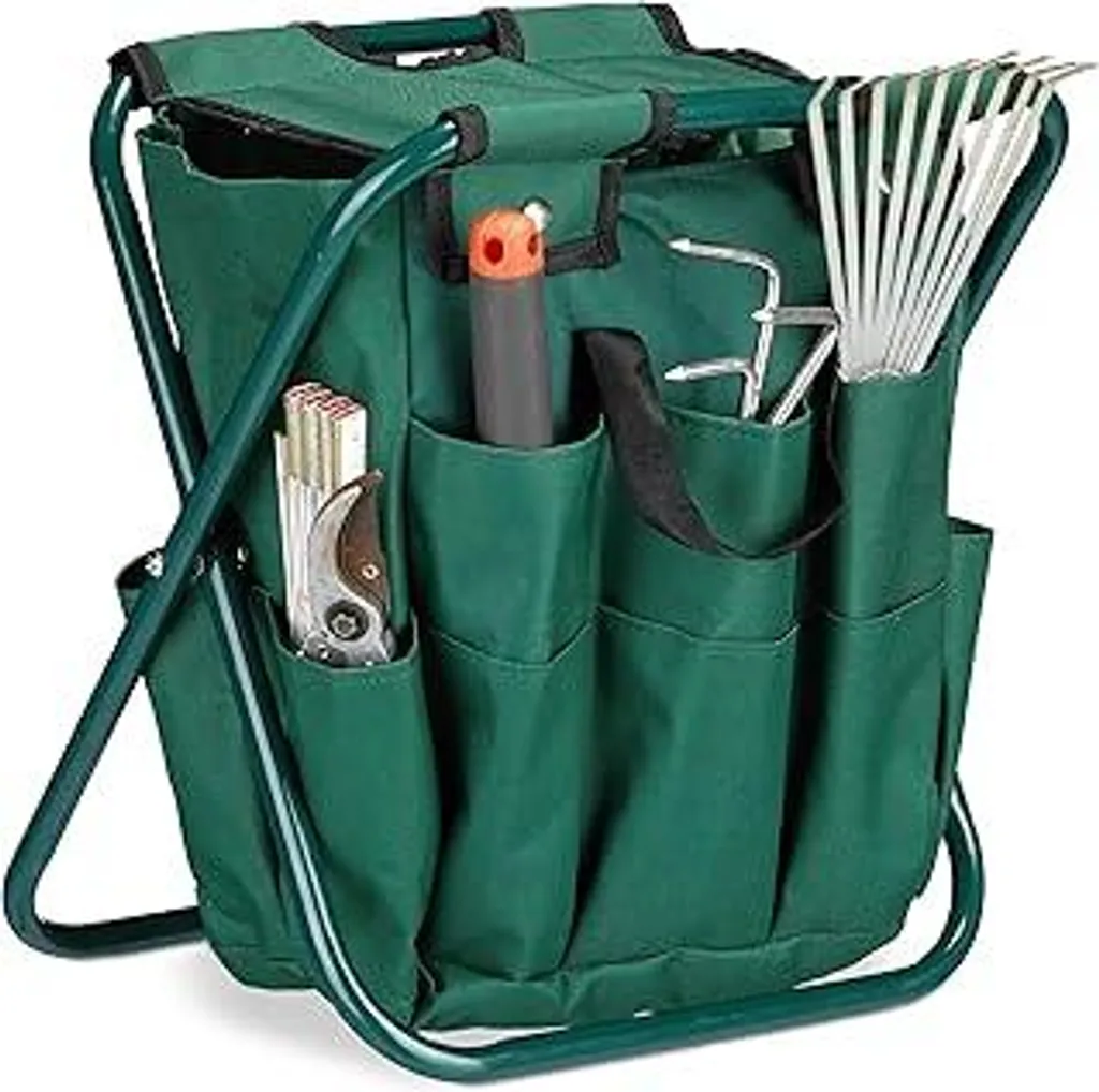 Sgabello da Giardinaggio con Borsa Porta Utensili 42cm Verde Pieghevole