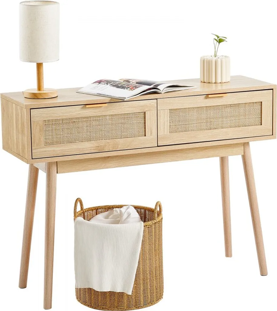 Console en rotin avec 2 tiroirs et portes coulissantes aspect naturel