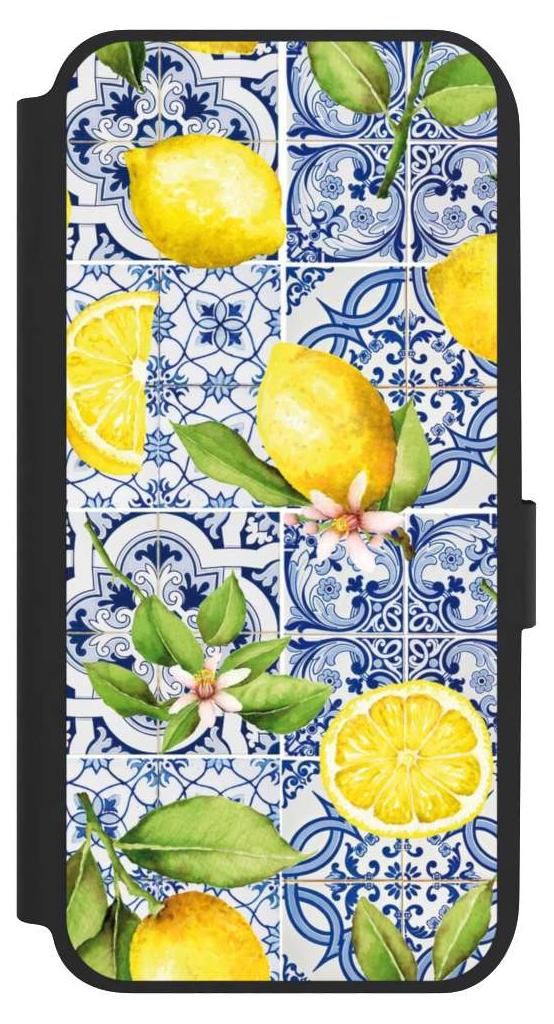 NIVOCASE Klapphülle für Samsung Galaxy A14 5G Handyhülle aus Kunst Leder NIVOflip schwarz Griechenland Muster Zitrone