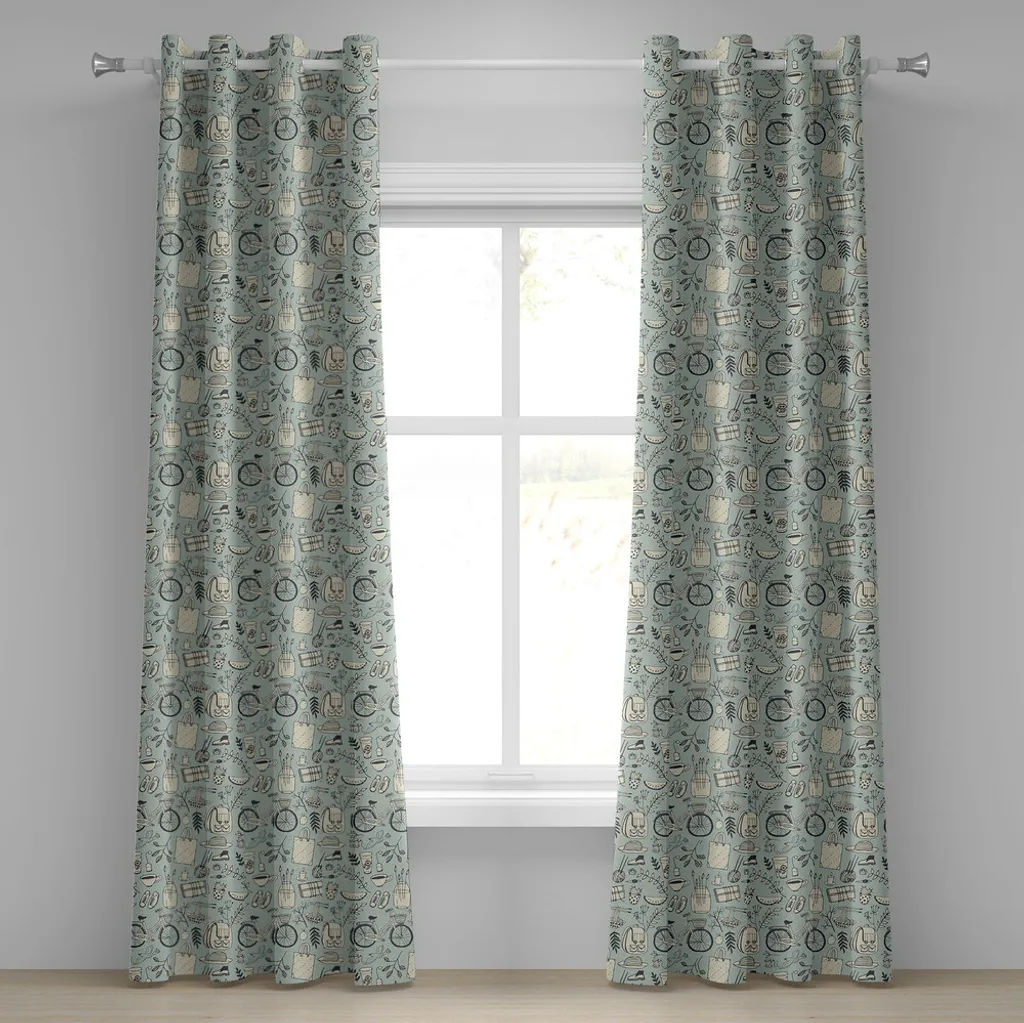 ABAKUHAUS Tenda con occhielli hipster, illustrazione estiva allegra con fiori, bicicletta, zaino e cibo, tende decorative a 2 pannelli per finestre, 280 cm x 175 cm, color mandorla chiaro e crema verde