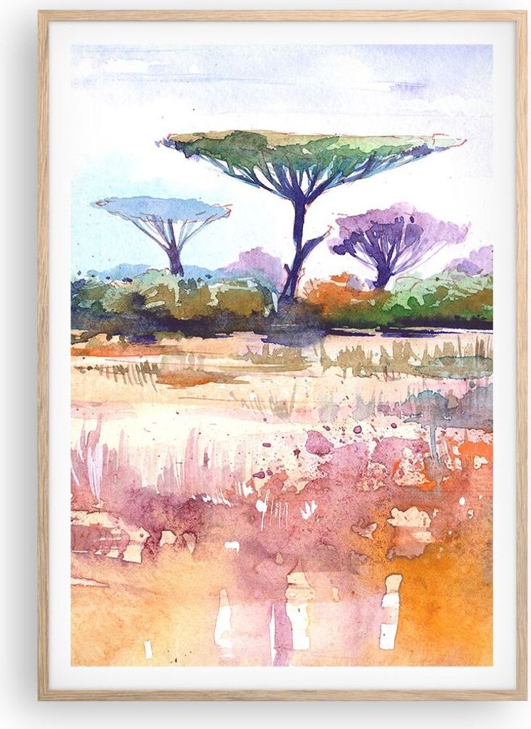 Gerahmtes Poster - Rahmen in heller Eiche - Aquarell Savanne Bäume - 70x100 cm - Wand Bild - Wanddeko - Wandbilder - Kunstposter - Wandposter - Bi...