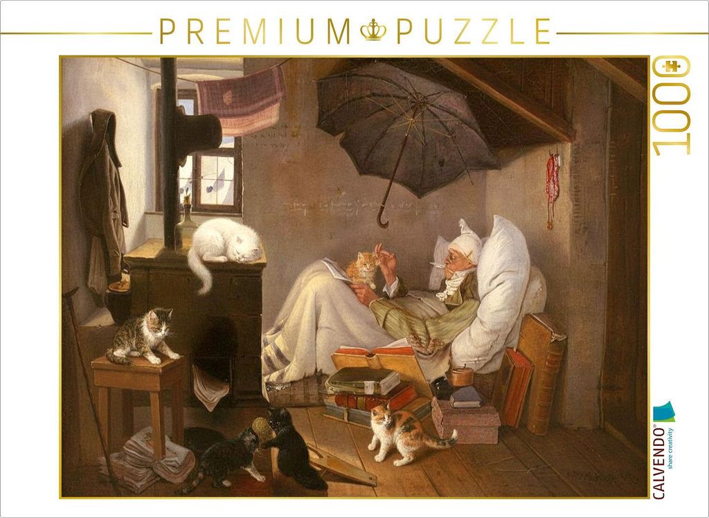 CALVENDO Puzzle Der reiche arme Poet - Carl Spitzweg - Gemälde mit Katzen | 1000 Teile Lege-Größe 64x48cm Foto-Puzzle für glückliche Stunden