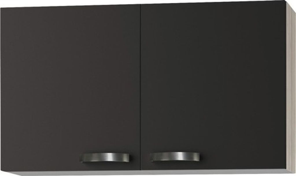 A close-up, front-facing view of a dark gray, two-door wall cabinet with silver handles.
