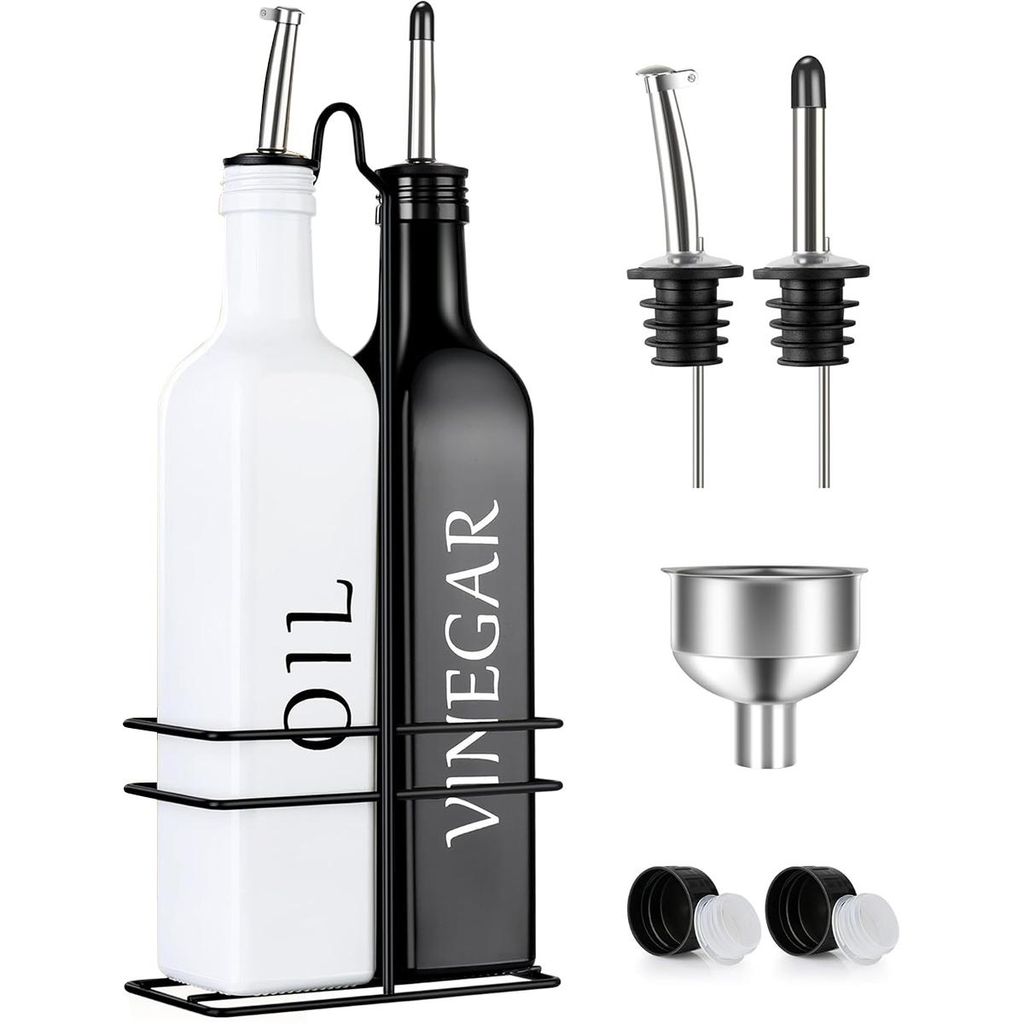 Ölspender Set 500ml Glasflasche mit Ausgießer und Deckel – Essigflasche Tropffrei, Automatischer Auslauf, Küchenzubehör, Weiß + Schwarz