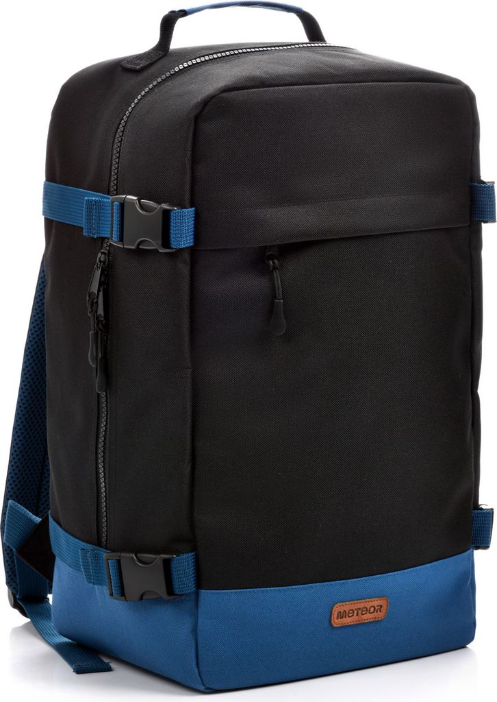 A black and blue backpack is shown against a white background.