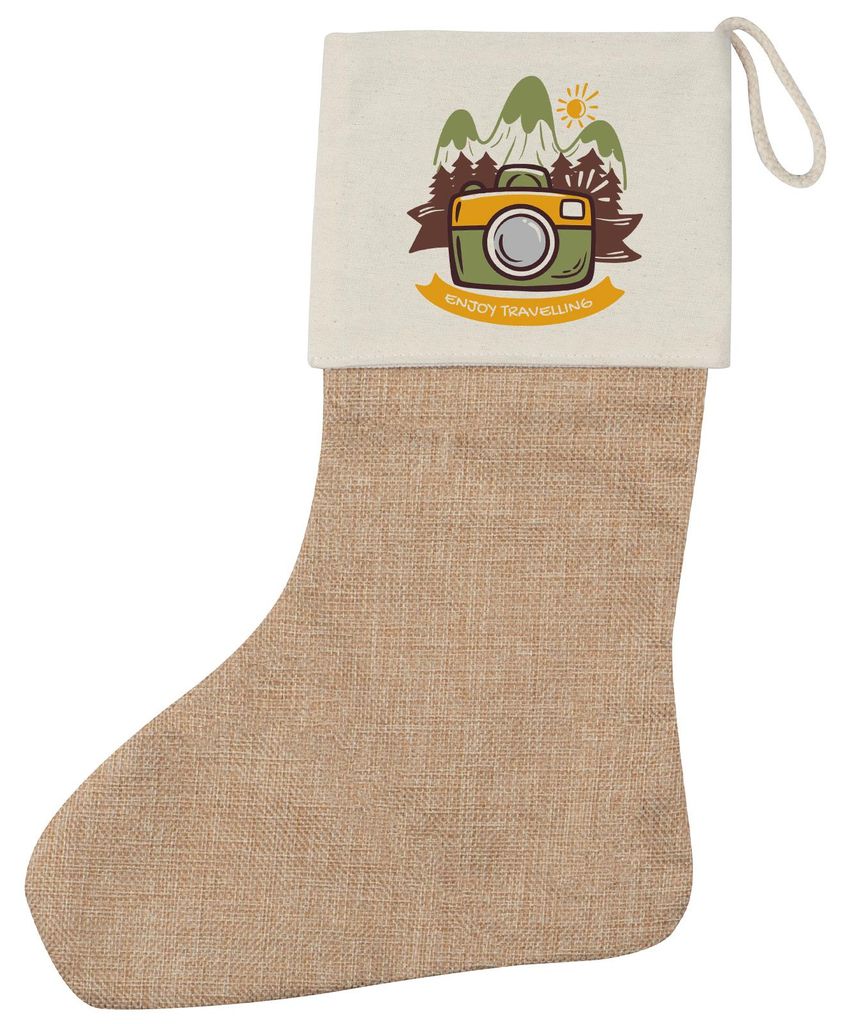 Huuraa Weihnachtsstrumpf Enjoy travelling Kamera Beige Jute Kaminstrumpf Geschenkidee