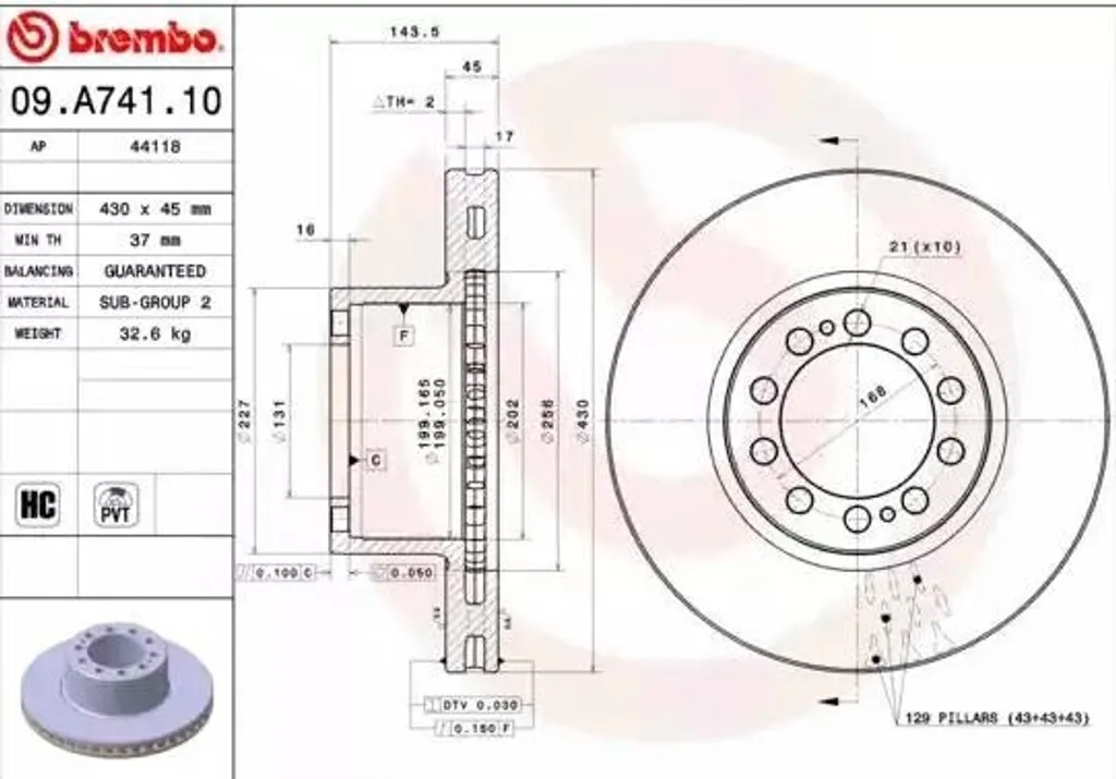Disque de Frein Haute Résistance BREMBO 09.A741.10 Mercedes AXOR 2x