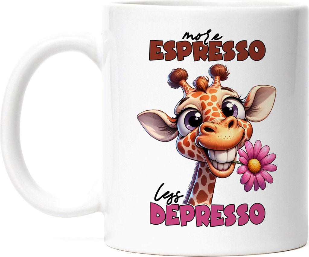 More espresso less depresso Tasse Weiß lustiger Spruch Kaffee Espresso Giraffe