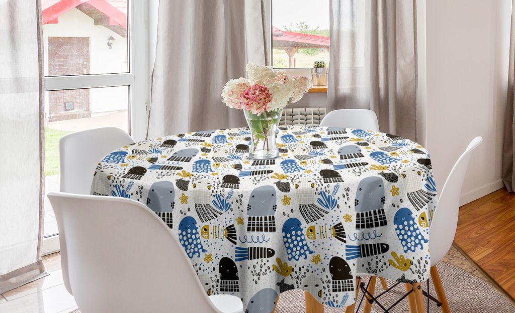ABAKUHAUS Gekritzel Runde Tischdecke, Lustiges Unterwasserleben, Kreis Tischdecke Abdeckung für Esszimmer Küche Dekoration, 150 cm, Mehrfarbig