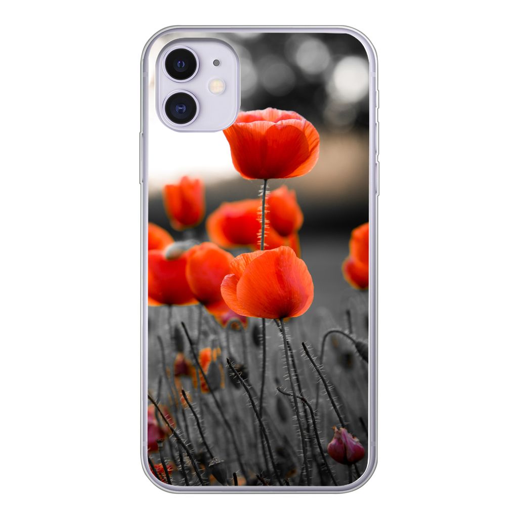 MuchoWow Handyhülle Schutzhülle Hülle für iPhone 11 Rote Mohnblumen vor schwarzem und weißem Hintergrund Silikon Softcase Handy Hülle - Han...