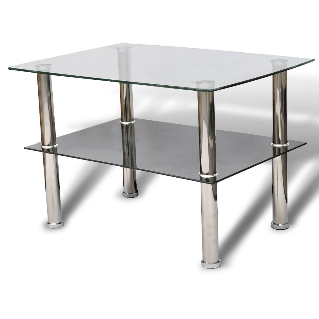 A glass coffee table with a lower shelf, shown against a white background.