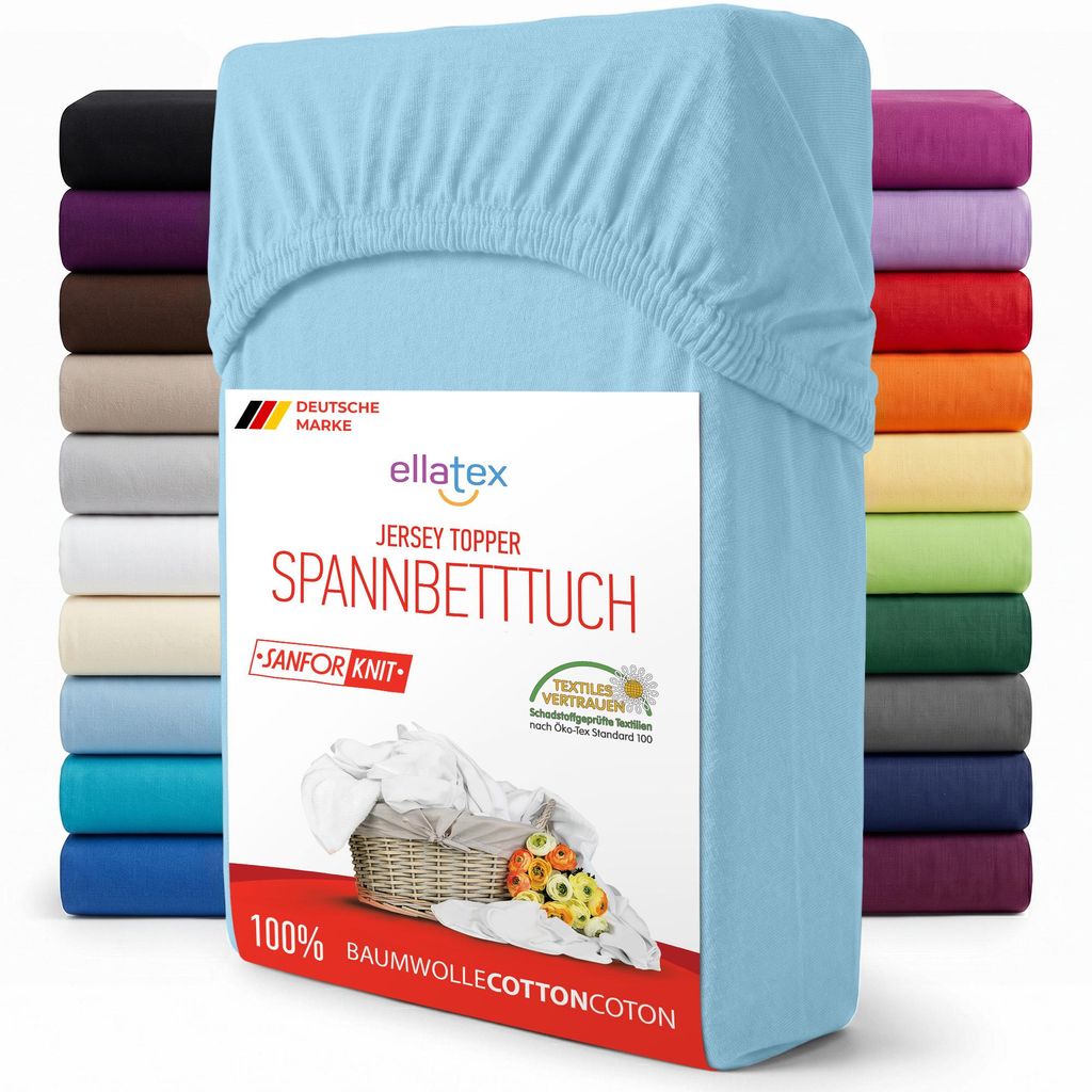 EllaTex Jersey Topper Spannbettlaken 140x200–160x200 Baumwolle – weich & atmungsaktiv, Spannbetttuch für Topper 7–12 cm, in Farbe: Hellblau