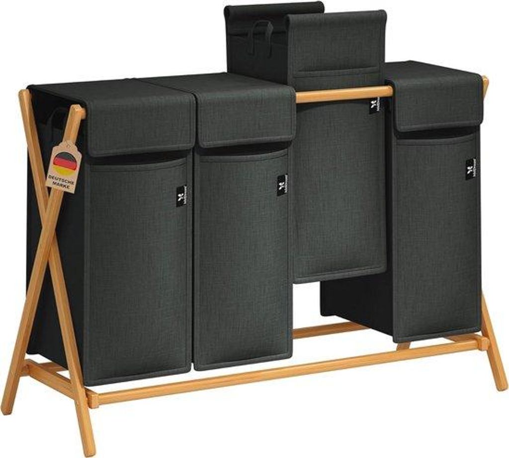 Bamboeholziger Wäschekorb 100 l - X-förmige Holzplatten - 200 l Grau - Holzdeckel