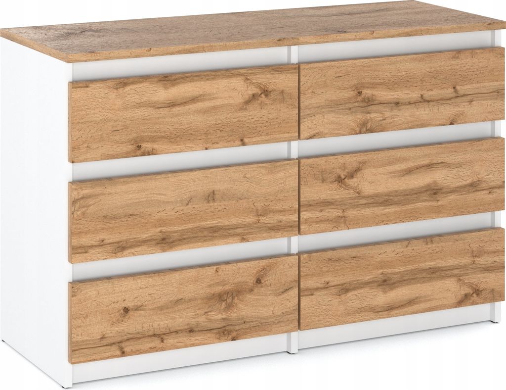 Kommode mit 6 Schubladen Weiß Matt/ Wotan Eiche 100x33,5x71,5 Sideboard Schubladenschrank für Wohnzimmer Schlafzimmer Stauraum Möbel Kleiderschrank