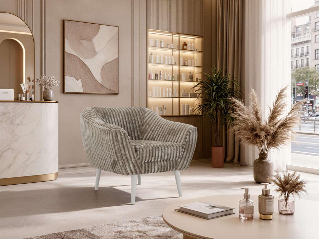 MKS MEBLE Sofa PIRS 1 Skandinavischer Stil 1-Sitzer, Sessel mit Wellenfederung, weiße Füße, Einzelsessel, Sessel mit Armlehnen - Hellbraun Cord