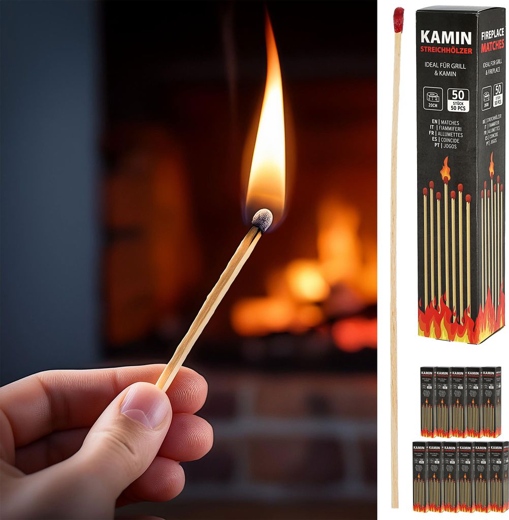 XL Kaminstreichhölzer 600er Pack L20cm 5x21,5x5cm Holz Karton Zündhölzer Streichholz Grillstreichholz Lagerfeuer Kamin