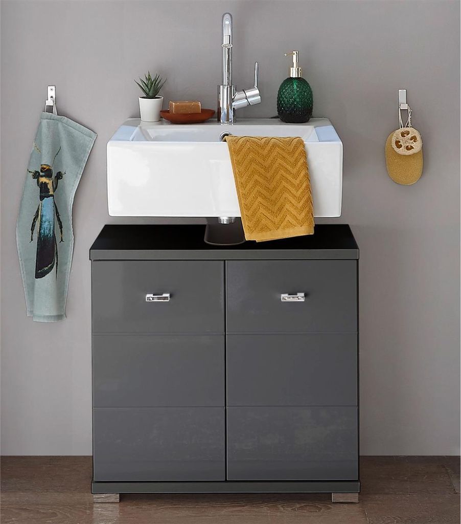 Waschbeckenunterschrank Badschrank Unterschrank Badezimmerschrank Bad "Peter II" Anthrazit / Anthrazit tiefzieh Hochglanz