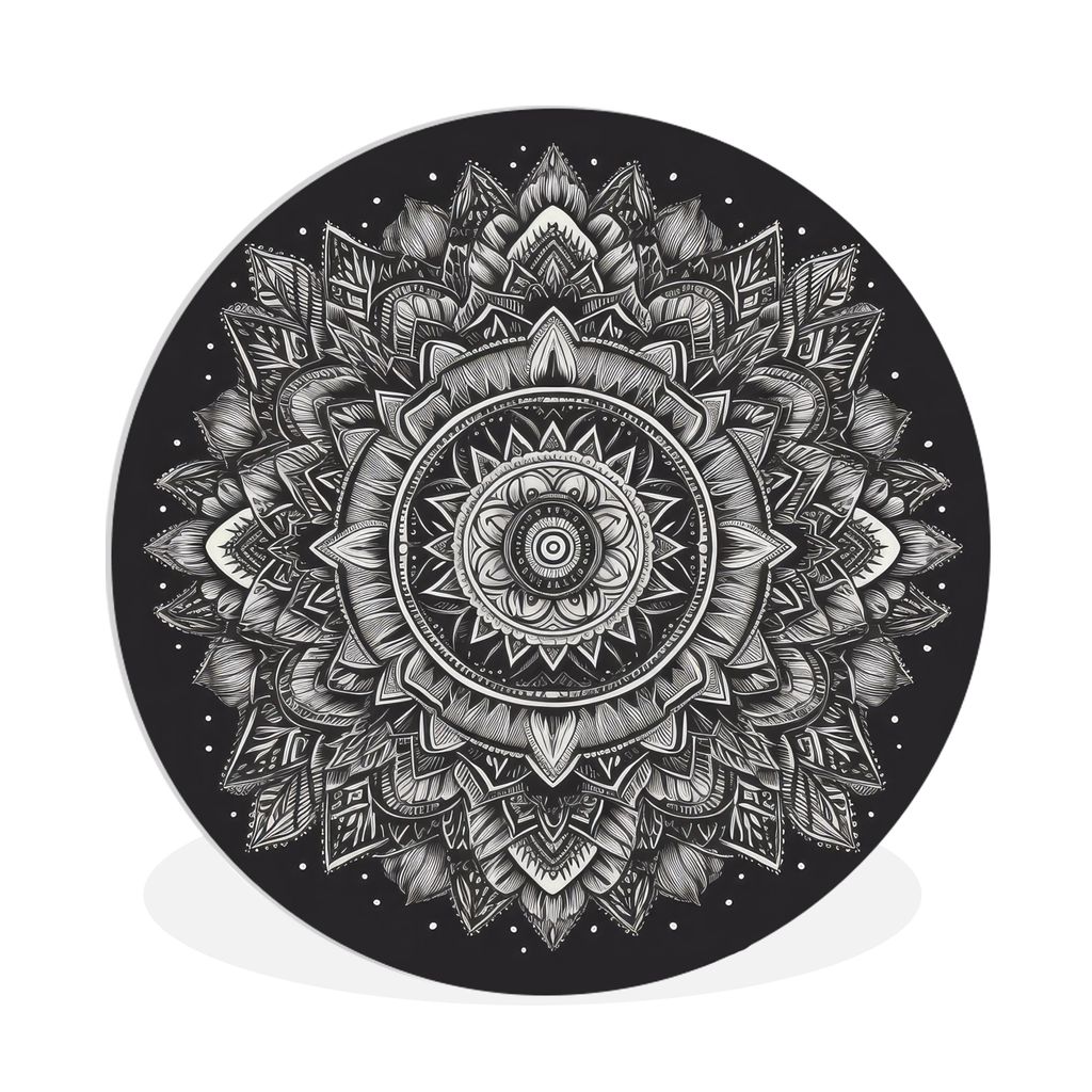 MuchoWow Rundes Wandbild - Runde Bilder Mandala - Schwarz und weiß - Blumen - Böhmisch - Natur Ø 90 cm Kreis Wanddekoration Kunststoff - Wandk...