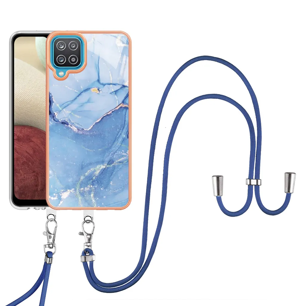Custodia con cinturino per Samsung Galaxy A12, bumper in TPU a fantasia, custodia protettiva con cinturino regolabile blu