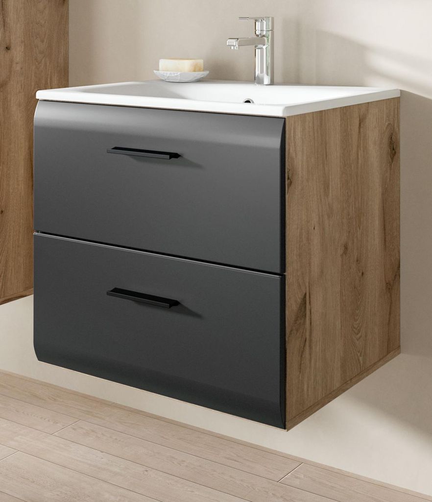 Waschbeckenunterschrank MIT Waschbecken "Cover" in schwarz matt und Nox Eiche Waschtisch hängend 60 cm