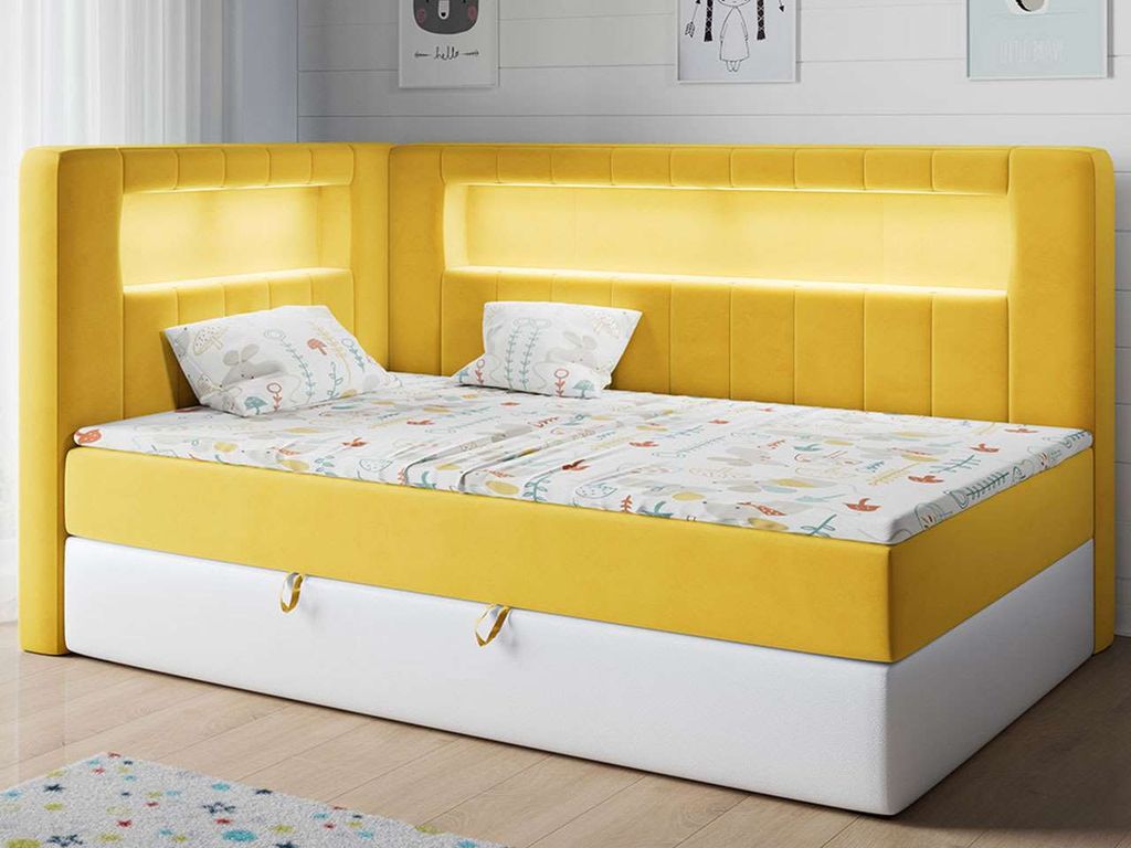 Polsterbett 90x200, Kinderbett mit LED, Matratze und Topper - JUNIOR-GOLD-3 - Gelb/Weiß - Linke Seite