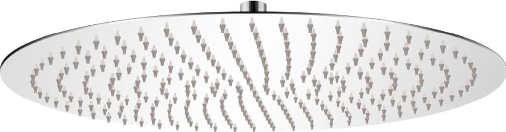 A close-up, studio shot of a round, stainless steel shower head with multiple water jets.
