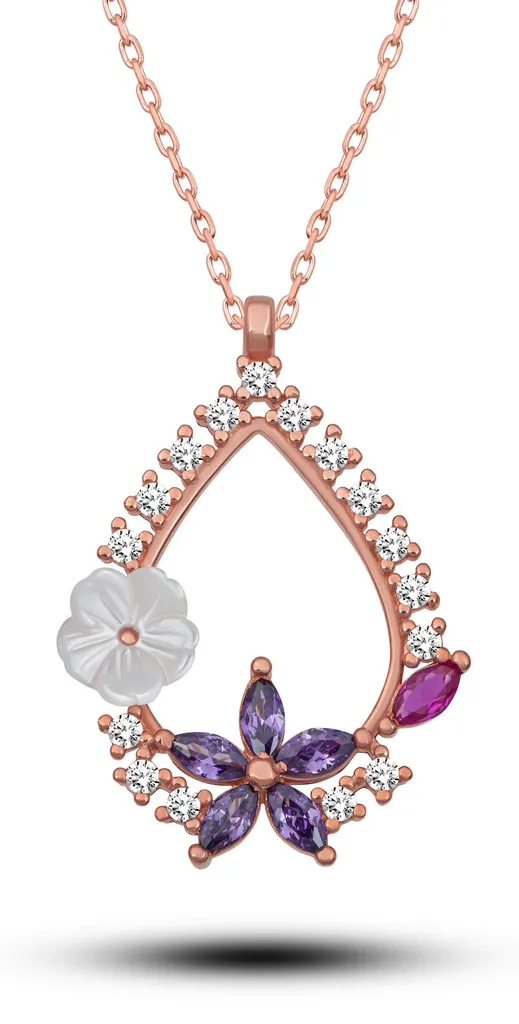 Collier fleur en argent 925 anti-allergie, zircone violette et or rose