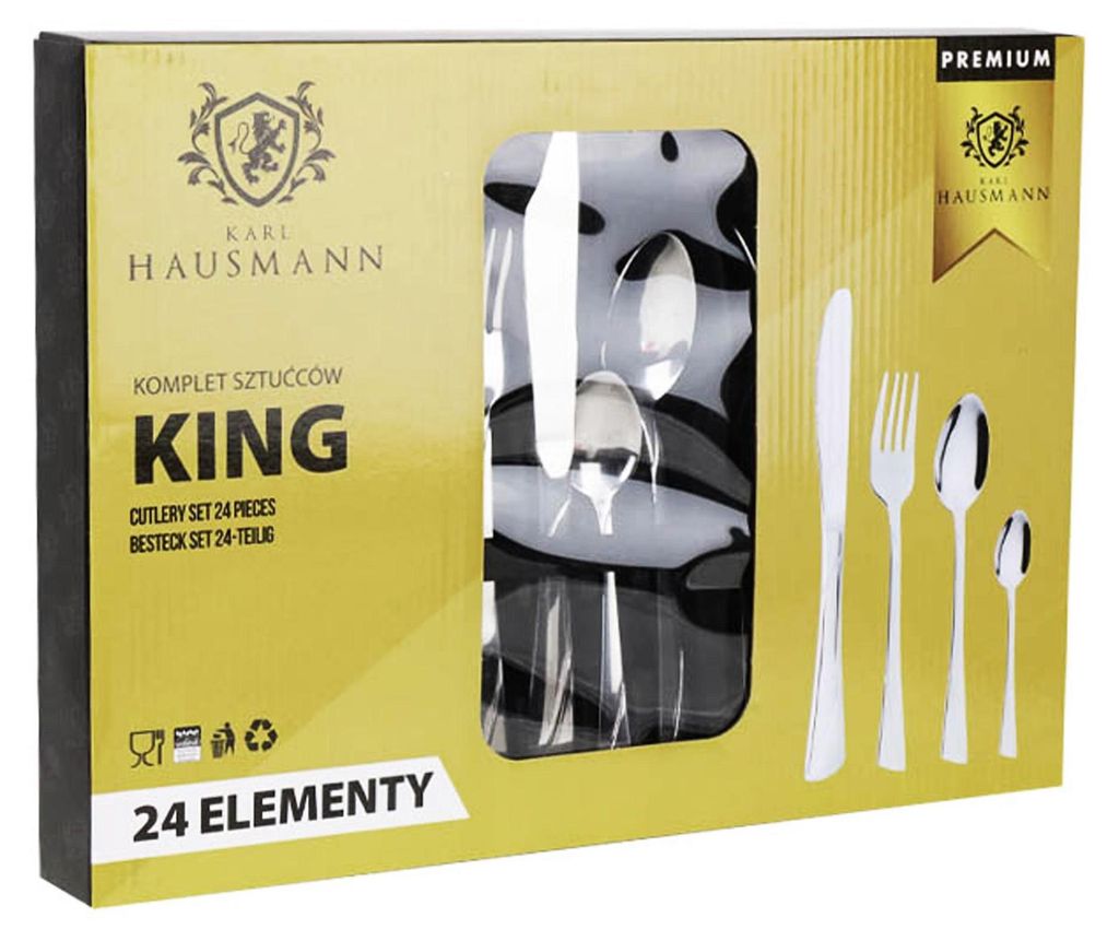 A product box for a cutlery set, showing a window with the cutlery inside and some of the cutlery pieces displayed outside the window.
