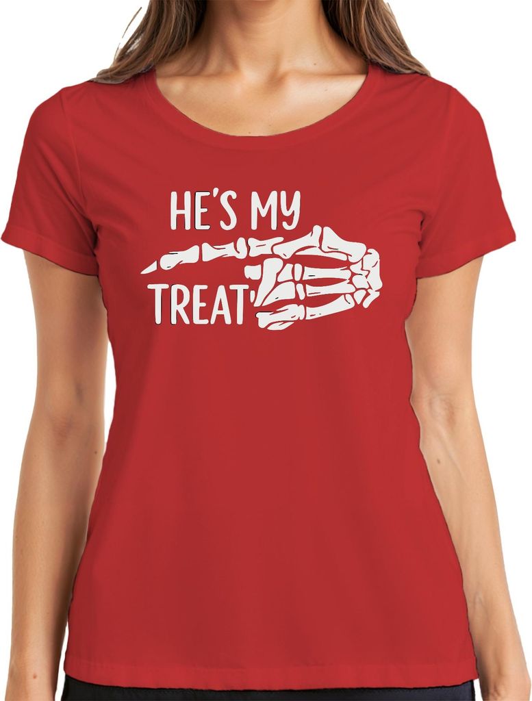 Halloween Skeletthand Paar Spruch He's my treat Lustig Partner Damen T-Shirt, Rot, L