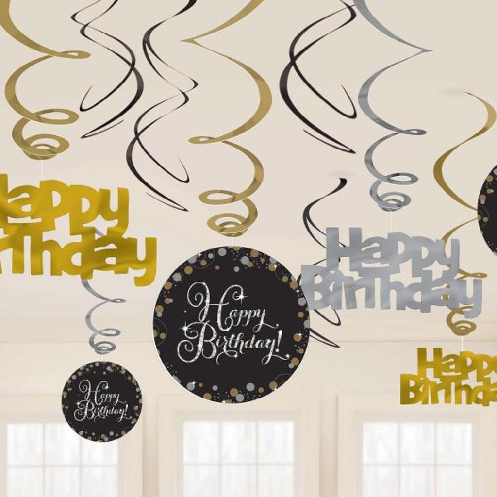 Set di decorazioni a vortice Sparkling Happy Birthday oro Immagine del prodotto 