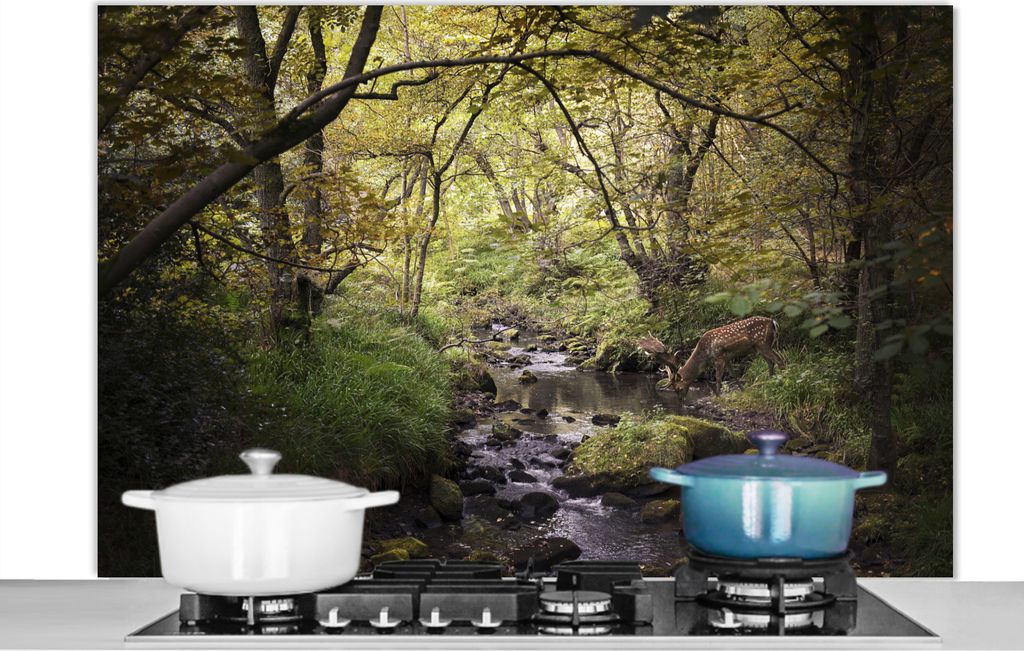 KitchenYeah Spritzschutz Küche - Küchenrückwand - Wandschutz für Herd und Spüle - Hirsch - Baum - Wald 120x80 - Alu-Dibond (Alternative zum ...