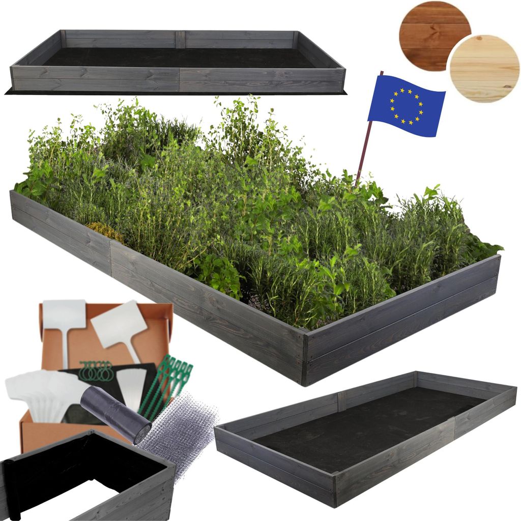 MODO24 Hochbeet Holz, Pflanzkasten, Massivholz, Kiefer, Kräuterbeet, Blumenkasten, Garten, Terrasse, 18x203x100 cm, Grau, ZP06