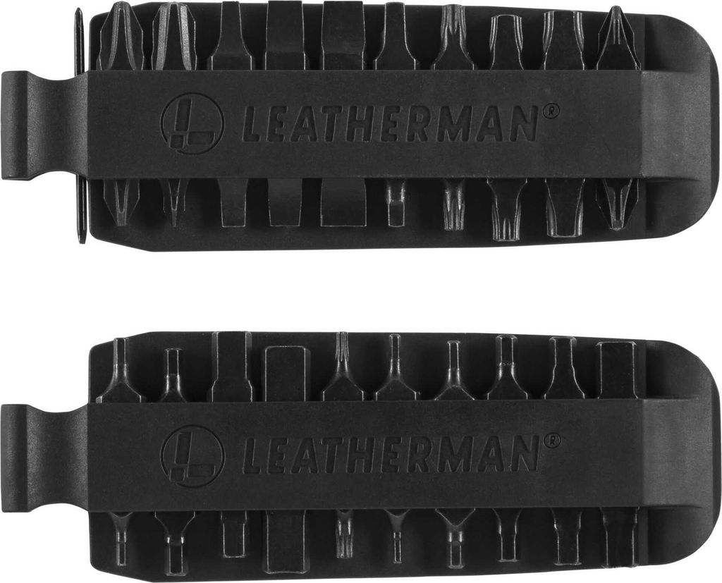Two black Leatherman bit kits are shown against a white background.