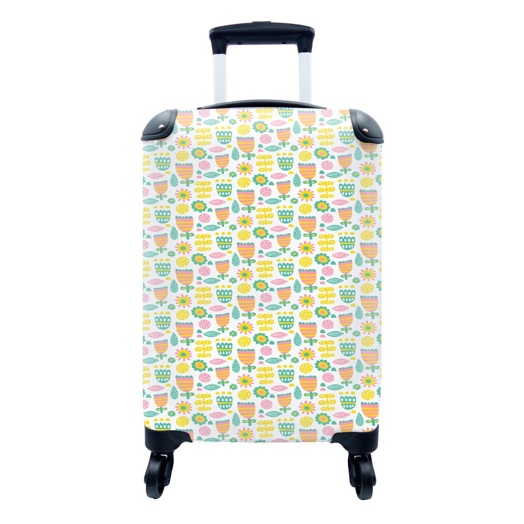 MuchoWow Koffer Handgepäck Trolley Rollkoffer Kleine Reisekoffer mit 4 Rollen - Skandinavisch - Blumen - Frühling - Muster - Cabin Size < 55x40...