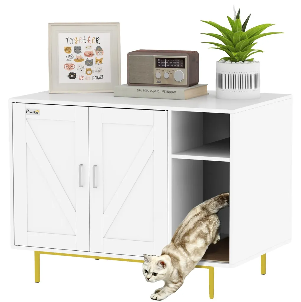 Maison de toilette pour chat en bois blanc avec griffoir intégré