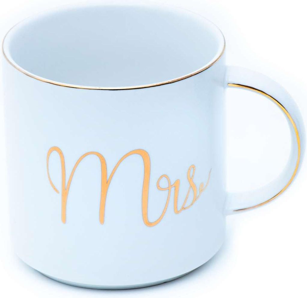 Intirilife Kaffeetasse in Weiß mit Goldrand und Aufschrift Mrs - 300 ml Füllmenge - Teetasse Geschenk Becher mit Henkel Hochzeit
