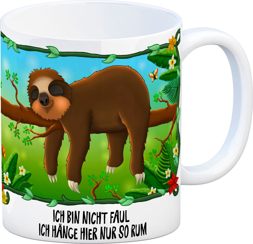 Kaffeebecher mit Faultier auf Baum Motiv und Spruch: Ich bin nicht faul ich